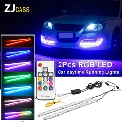 2Pcs LED Car daytime Running Lights 12V RGB Yellow Turn Signal Decor Atmosphere Light With Remote Control Multi-mode Light Bar