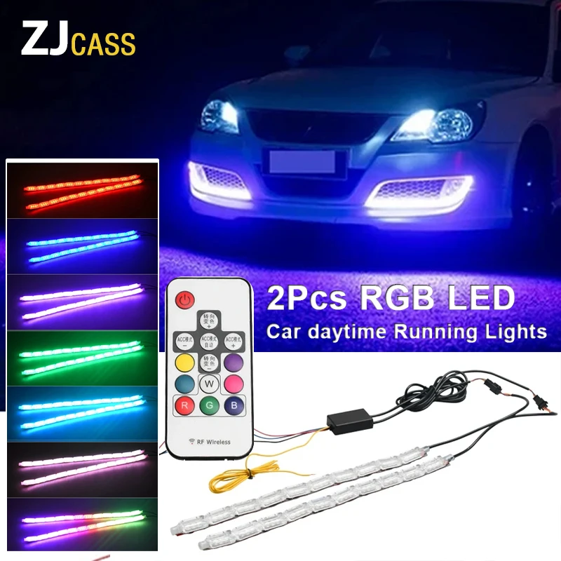 2Pcs LED Car daytime Running Lights 12V RGB Yellow Turn Signal Decor Atmosphere Light With Remote Control Multi-mode Light Bar
