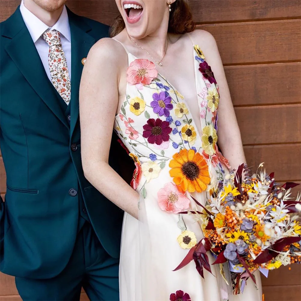 Vestido De Novia De corte en A con flores 3D, traje De princesa De tul, sin mangas, color champán