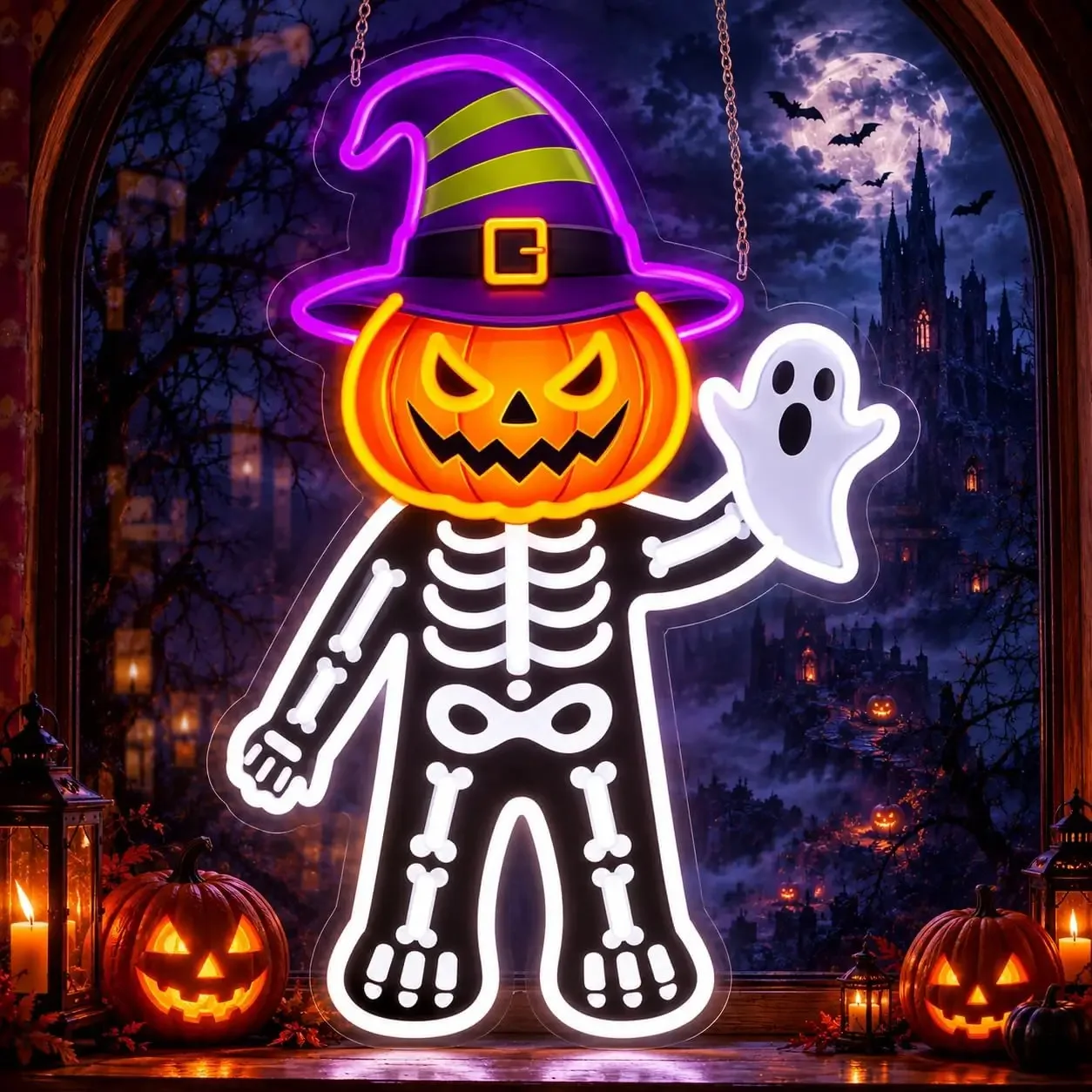 Halloween Pumpkin Skeleton Neon Sign USB Powered LED Neon Light Party Gothic Bedroom Gaming Room Bar Window Home Decoration Gift