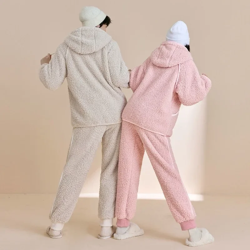 Casais com capuz homewear flanela coral veludo pijamas outono inverno novo quente fofo adorável grosso conforto para fora usar homedress