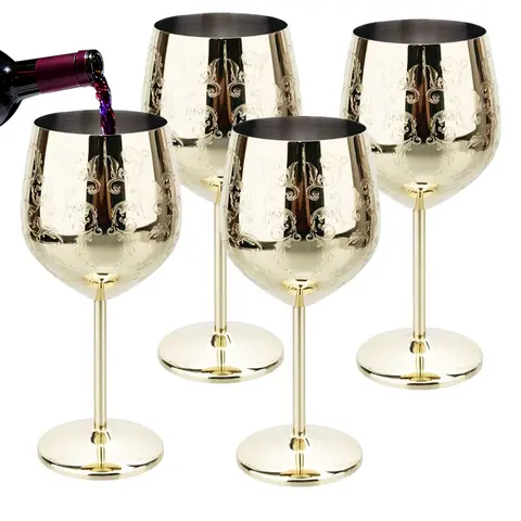 4 pçs metal 304 aço inoxidável copo de vinho taça gravura videiras de uva taça de vidro de champanhe barra de vinho tinto copos drinkware
