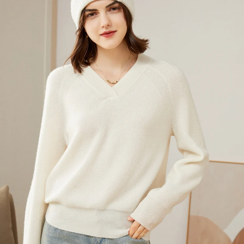 Women Sweater 100% GOAT CASHMERE Knitwear Single Ribbed Needle Winter Soft Warm Vneck Long Sleeve For Ladies Pullover HG01