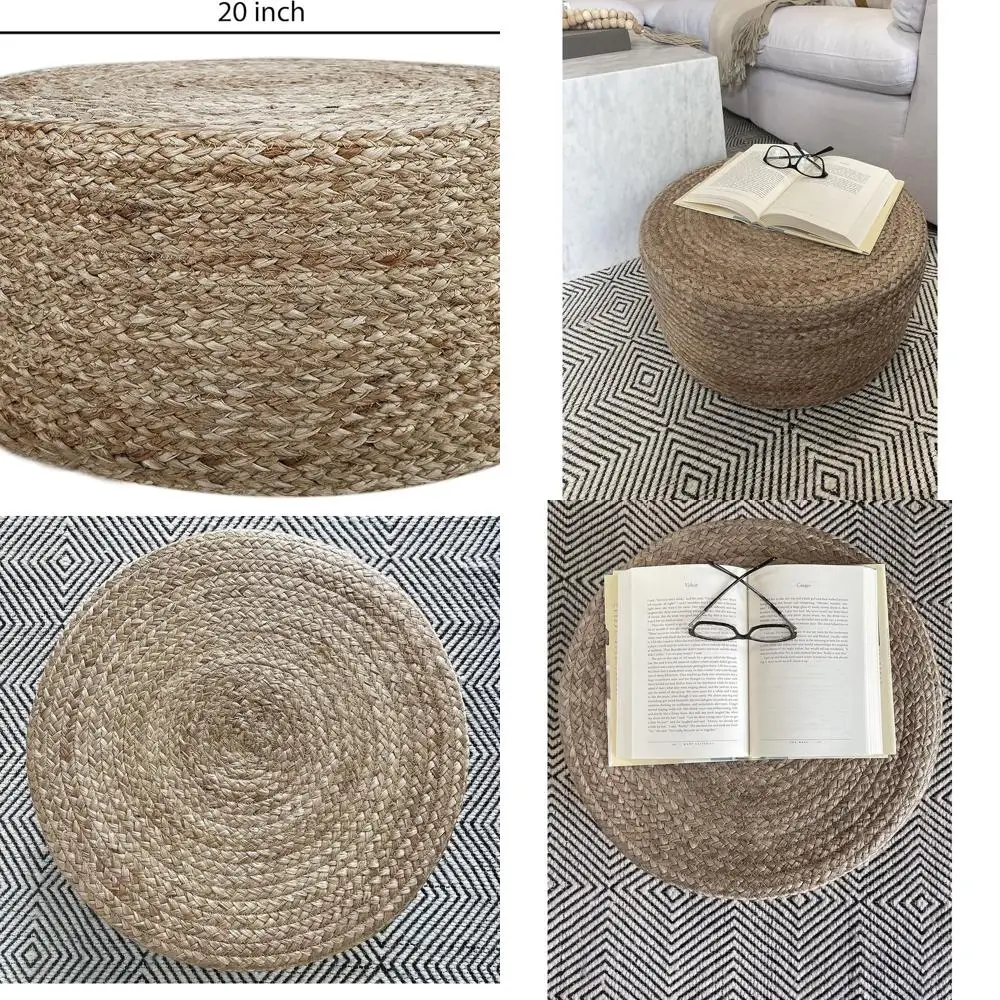 

Natural Jute Braided Footrest Pouf - Hand Knitted Boho Style for Living Room, Bedroom, Nursery, Patio (20 x 20 x 10)