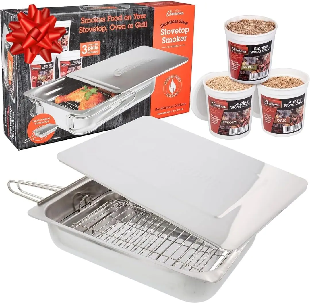 erons Original Stovetop Smoker -Smoker Box Gift Set W/Oak, Apple, Hickory Wood Chip Pints & Recipe Guide- Indoor Outdoor Use