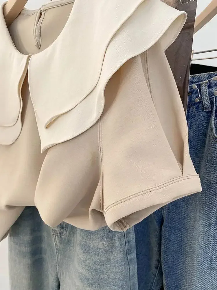 Moda verão peter pan colarinho elegante camisas de manga curta feminina solta estilo francês retalhos fino topos blusa feminina