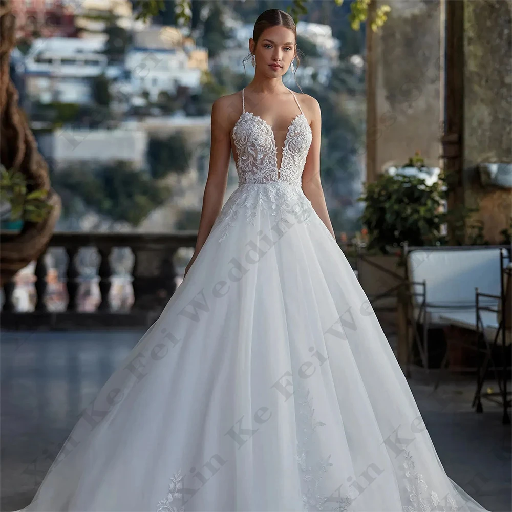 Elegant New Wedding Dresses Lace Appliques A-Line Off Shoulder Sleeveless Beautiful Fluffy Princess Style Mopping Bridal Gowns