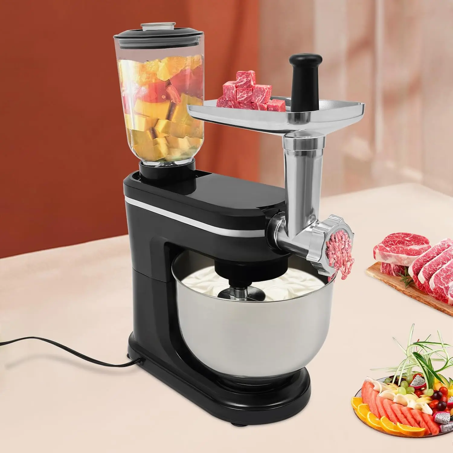 خلاط حامل متعدد الوظائف مع وعاء من الفولاذ المقاوم للصدأ ، خلاط طعام كهربائي ، رأس مائل ، مزيج مطبخ ، 6.34qt ، من 6 سرعاات ، 3 في 1