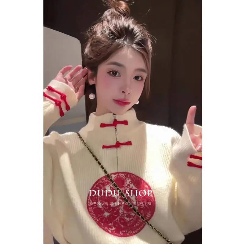 Women Autumn Fashion chinese style frog Embroidered Mock Neck Long sleeve Knitwear women clothes elegant trend knitting tops