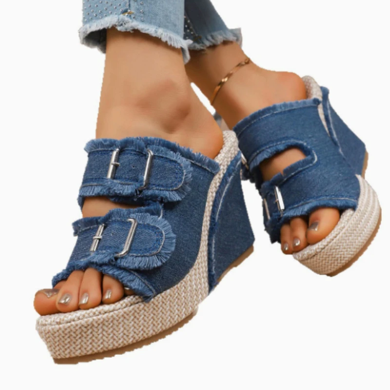 Thick Soled Slippers for Women Summer Chain Denim Chunky Heel Fashion Cross Slides Open Toe Outdoor Beach Woman Walking Slides
