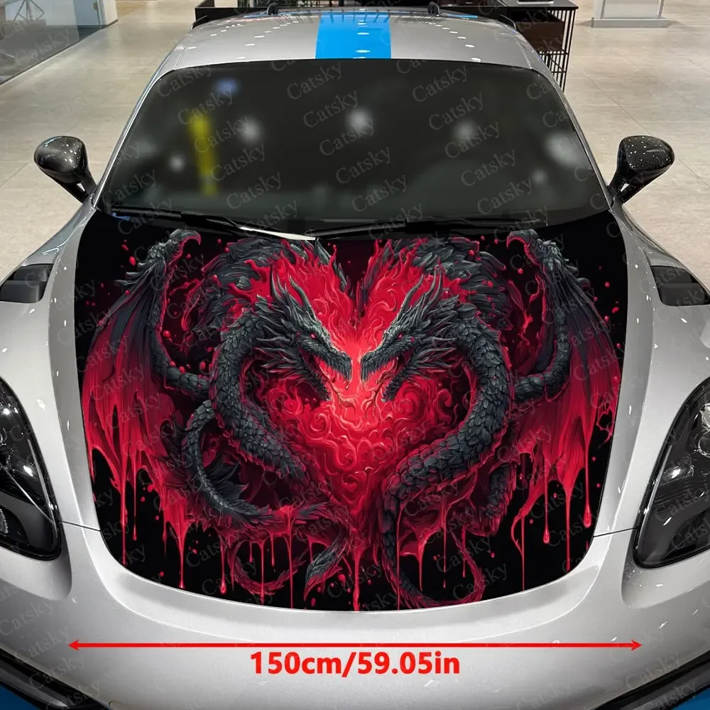 Inferno Dragon Heart Oath Car Vinyl Wrap, PVC Waterproof Car Hood Sticker, Self-Adhesive Scratch-Resistant Engine Cover Sticker