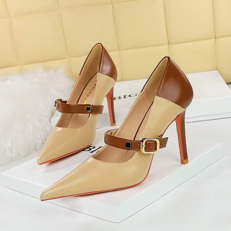 BIGTREE Retro Women Pumps Mixed Colors High Heels Stilettos Pu Leather Shoes Women Metal Buckle Women Heels Office Shoes Large