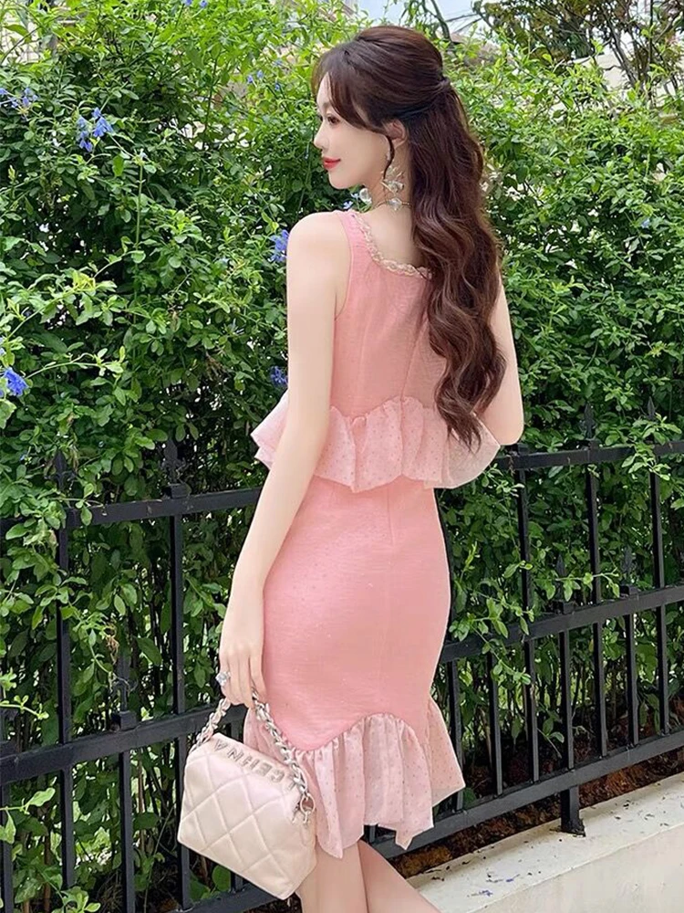 جديد الصيف وهمية 2 قطعة الوردي الحلو الفاخرة سباركلي مساء اللباس ملابس حريمي كشكش مثير حبال سليم حفلة موسيقية Vestidos Fiesta #2