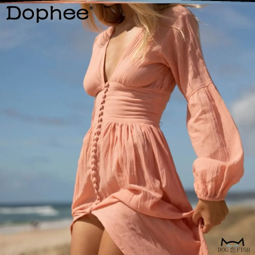 

French Retro V-neck Lantern Sleeve Long Dress Waist Pleated Temperament Elegant Lady Sexy High Waist Split Fork Long Dress