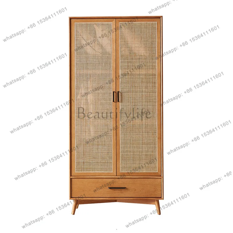

Rattan solid wood wardrobe vintage double door with drawer partitioned storage cabinet