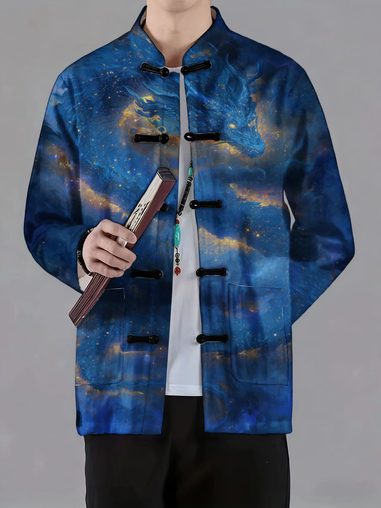 Men Mandarin Collar Frog Button Jacket Dragon Beast Floral Totem Ink Art Print Traditional Outerwear - view 5