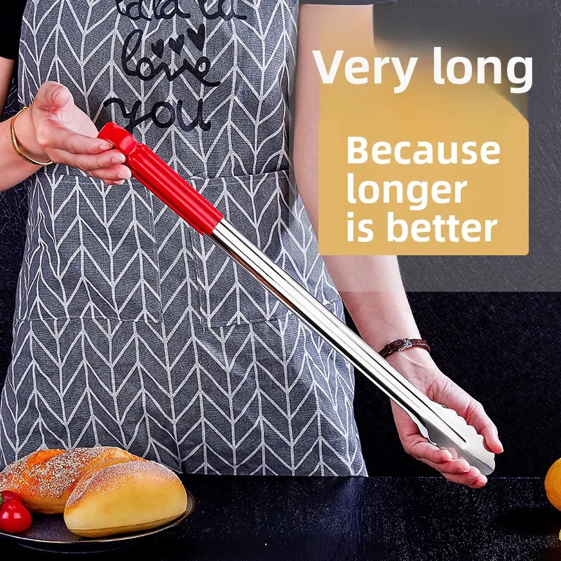 Extra-long stainless steel tongs for kitchen use, anti-scald silicone food tongs for cooked food, barbecue, and frying