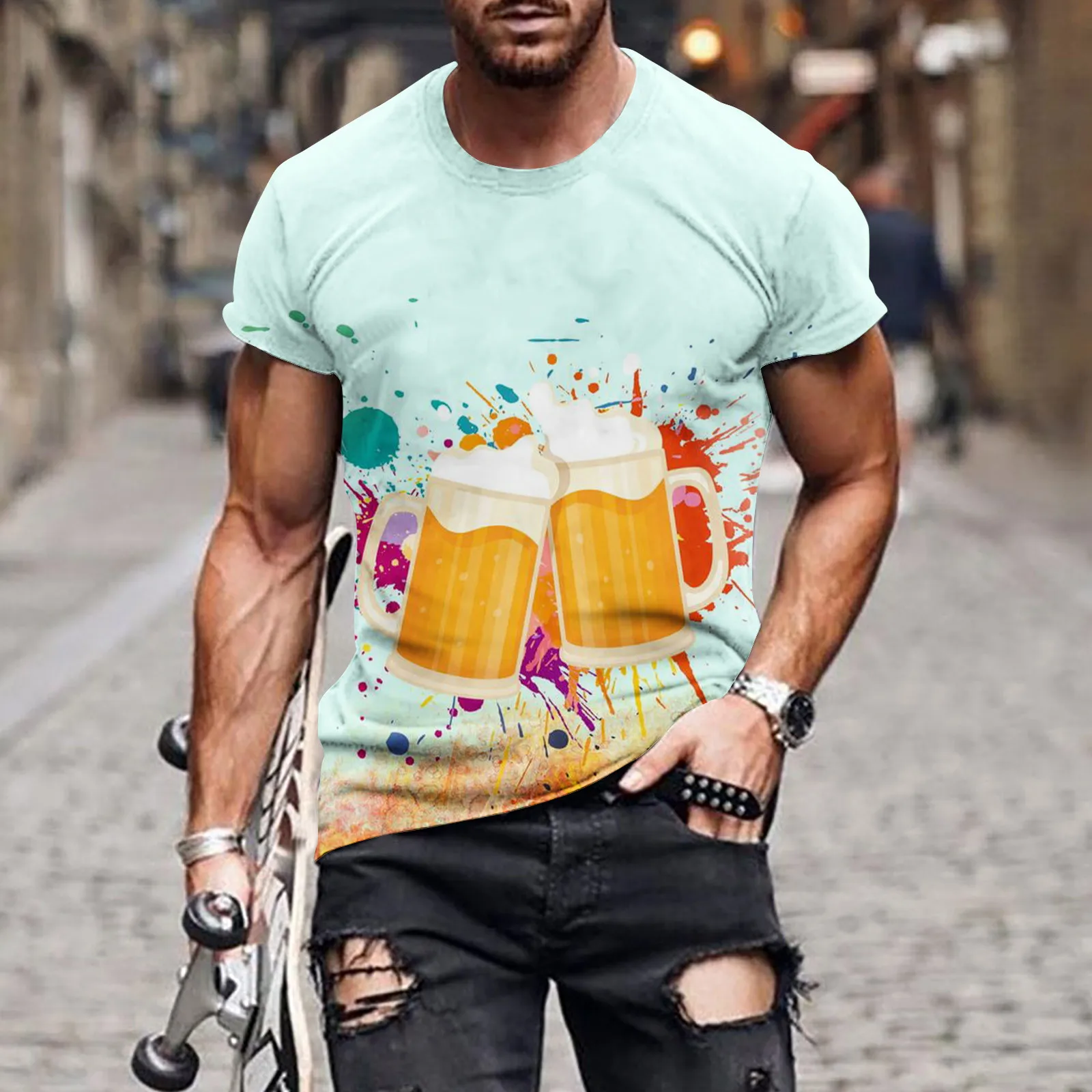 New Funny Design Beer Phone Men\'s T-shirt 3D Printed Summer Fashion Cool Men\'s Clothing Casual Style Popular O-neck Tees Tops