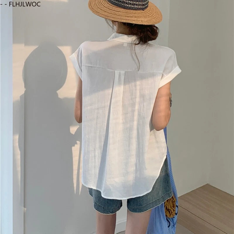 Blusas de linho de algodão novo 2025 verão bonito doce meninas estilo preppy manga curta retro vintage botão camisas brancas