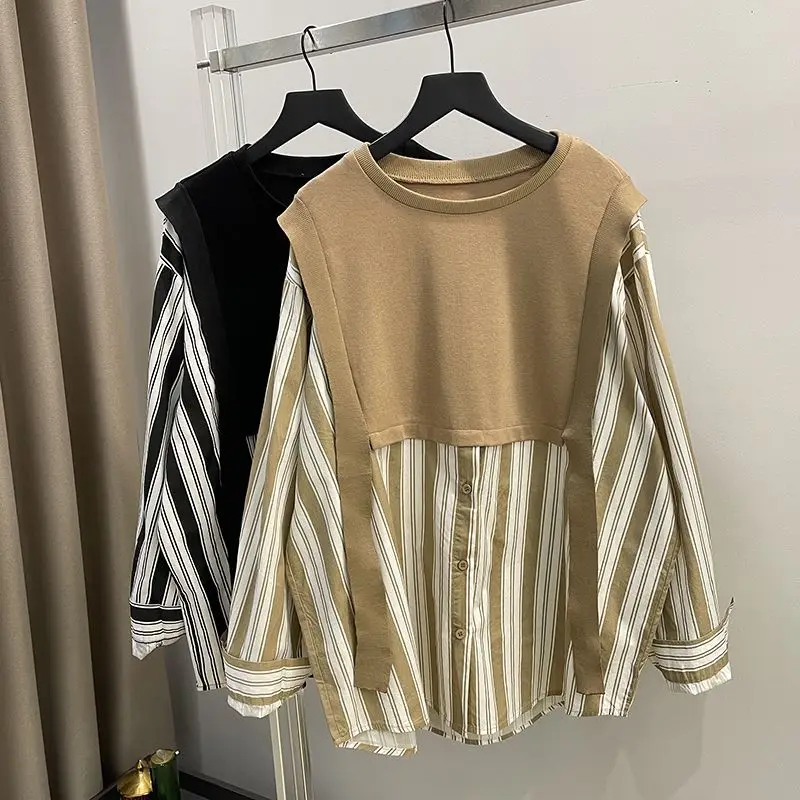 

Spring Autumn Basic Spliced Commute Shirt Women's Clothing Casual Striped Loose Blouse Korean Fake Two Pieces Round Neck Button