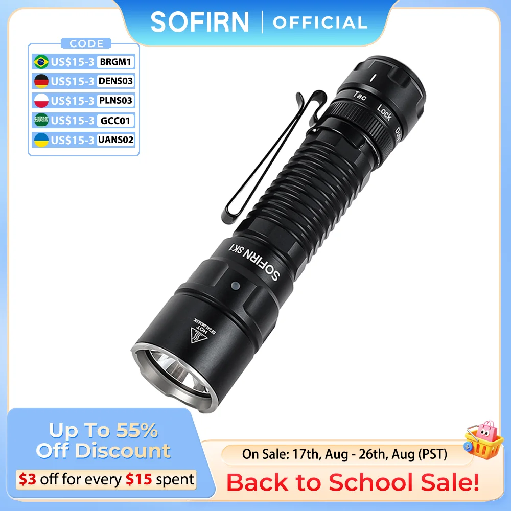 Code: SK1ALL005 Sofirn New SK1 1300lm Latarka taktyczna SFT25R LED Light 18650 USB C Akumulator 479m Latarka EDC IP68 z podwójnym przełącznikiem