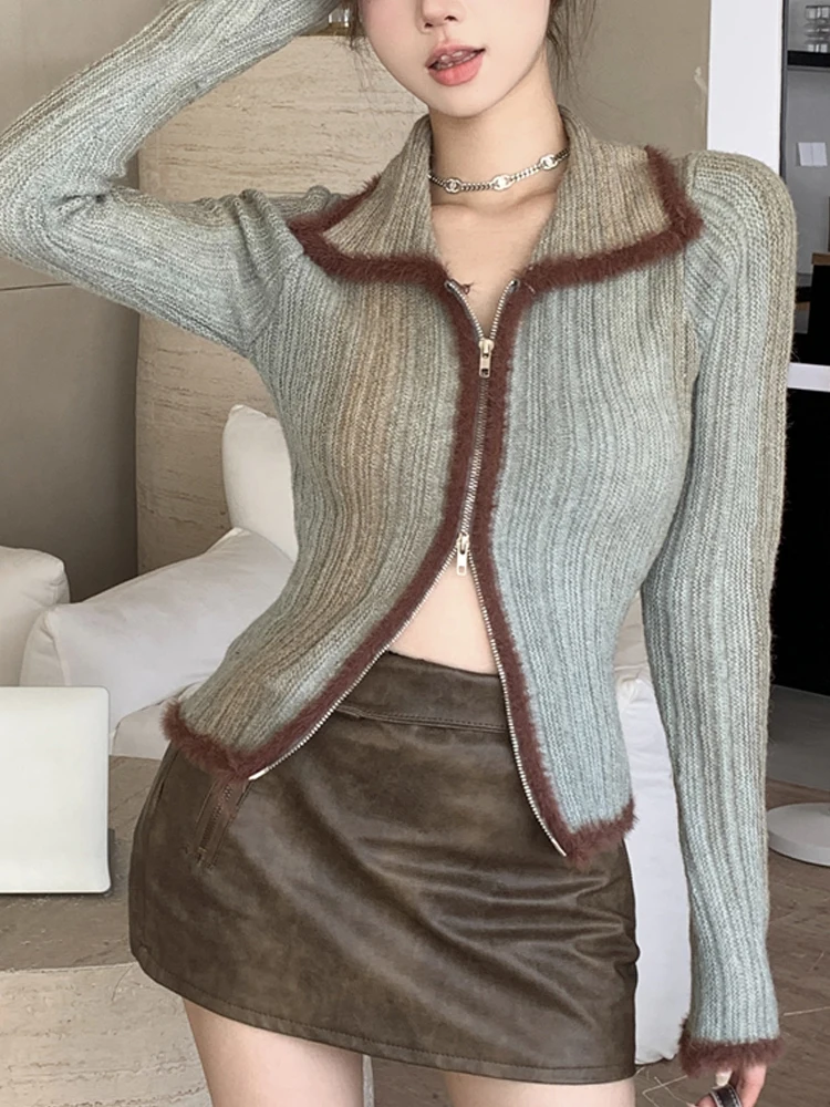 

Women Cardigan Y2K Hotsweet Knitted Sweaters Ladies Vintage Punk Long Sleeve Knitwear Top Sexy Fashion Tie Dye Zipper Jumpers