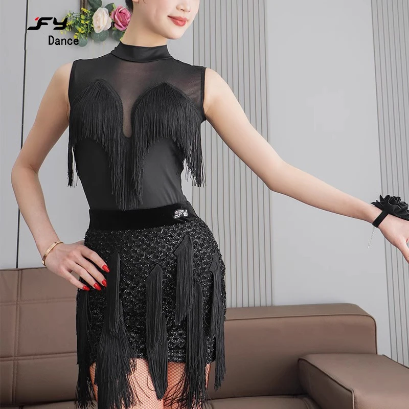 

2025 Dance Costume For Girls Fringe Skirt Latin Dress Practice Clothes Wear Women Stage Line Suit Elegant Female Outfit Black