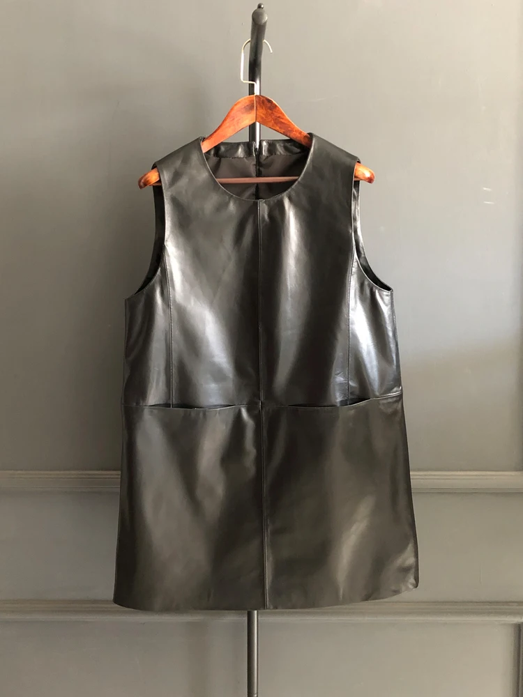 

Authentic eepskin Leather Vest Women's Mid-Length Pure Color Tanned Vintage Versatile A-Line Dr Korean Sle Commute