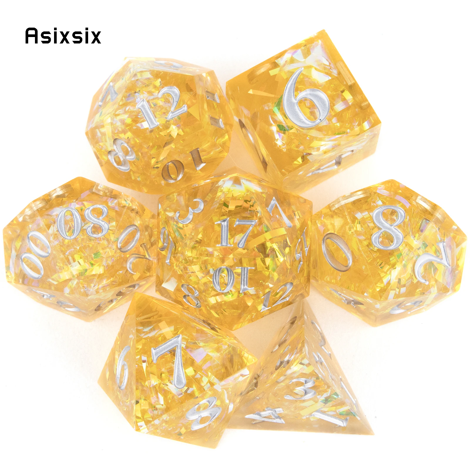 

7 Pcs Yellow Resin White Number Sharp Edge Dice Polyhedral Dice Suitable for Role-Playing RPG Board Game