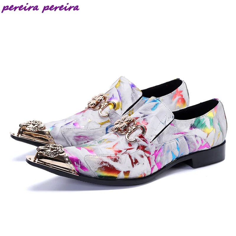 Floral Color Man Pumps Pointed Toe Golden Metal Decor Pull On Personalization Breathable Square Heel Dancing Shoes Plus Size 48