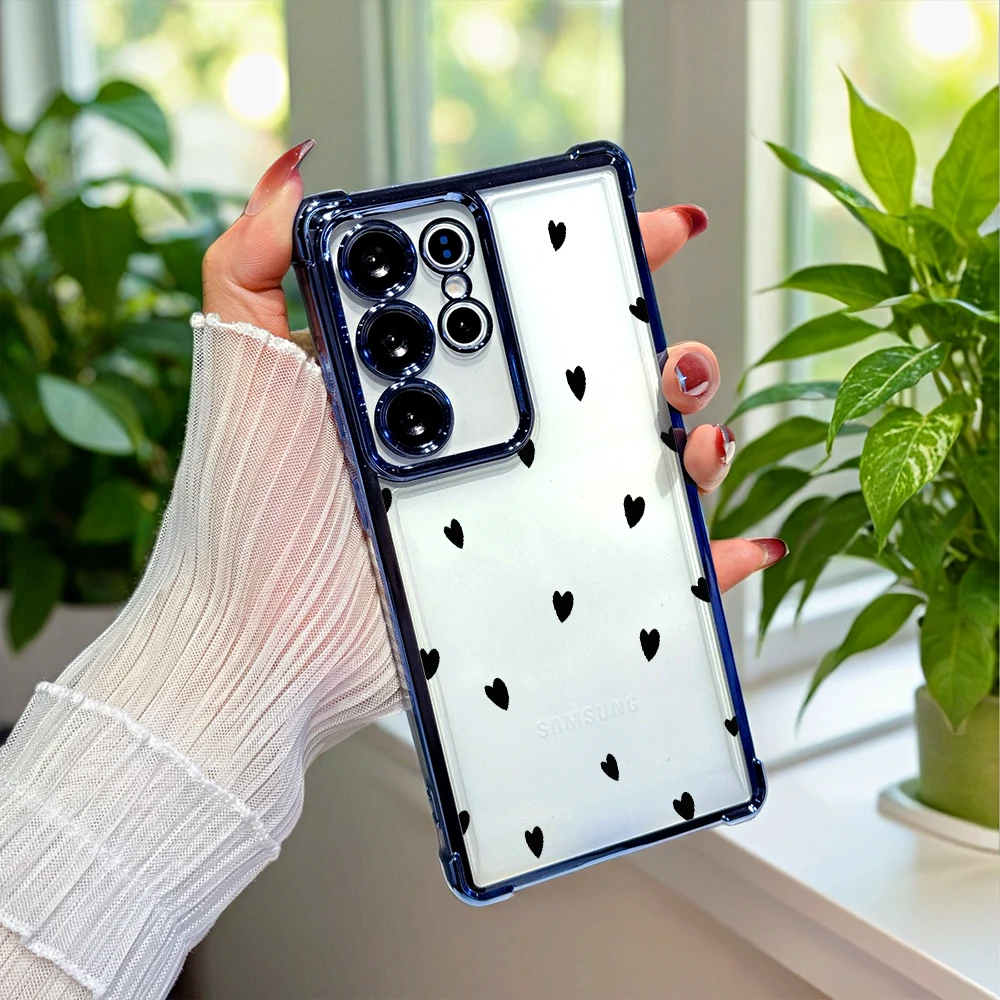 Simple Black Hearts Soft TPU Shockproof Phone Case For Samsung S26 S25 S24 S23 A Series Full Coverage Anti-Scratch Slim Cover