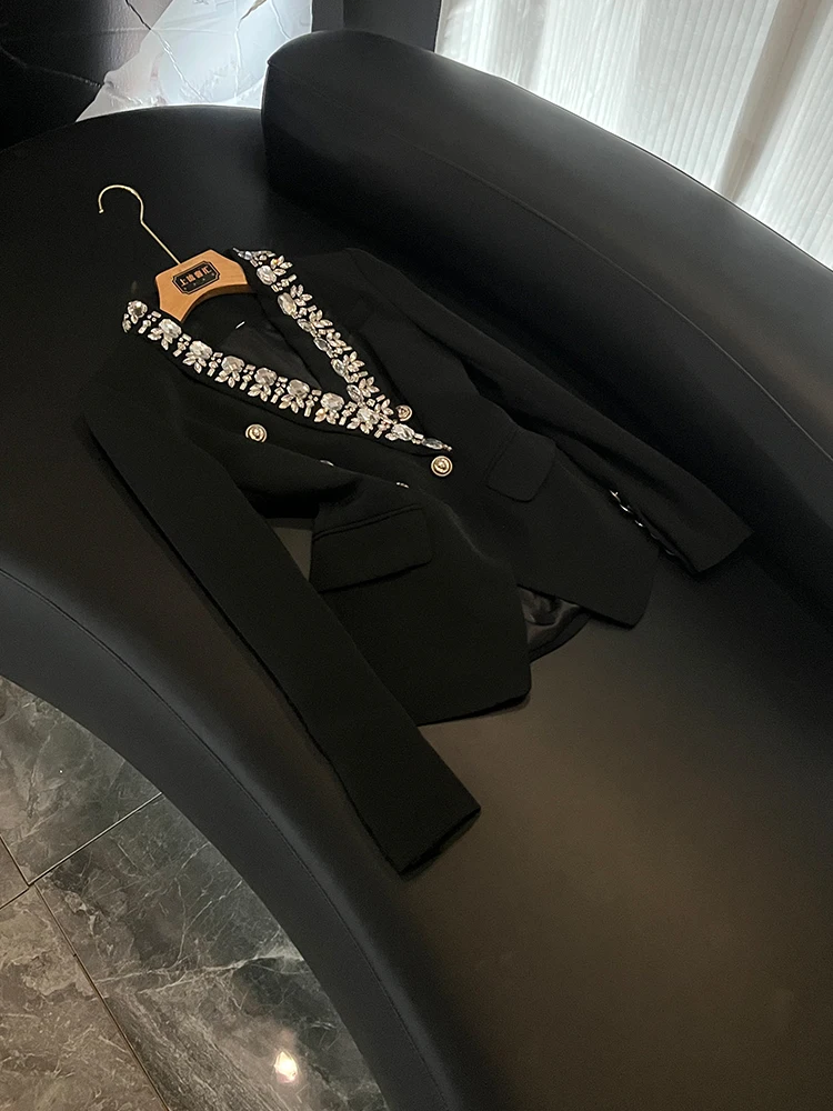 

Ele Bla Slim Fit корейский женский костюм Heavy Embellied Diamond A6452 Commute Wind Long Sve с двойной пуговицей