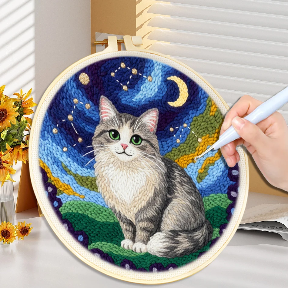 Punch Needle Embroidery Set For Adults Animals Poking Cute Cat Fox Cow Yarn Sewing Punch Needle kit for Beginners Home Decor