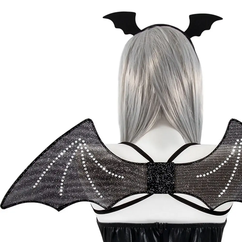 Ensemble d'ailes de bande de chauve-souris scintillantes pour cosplay d'Halloween, kit de costume de chauve-souris durable noir, sangles élastiques pliables initiées