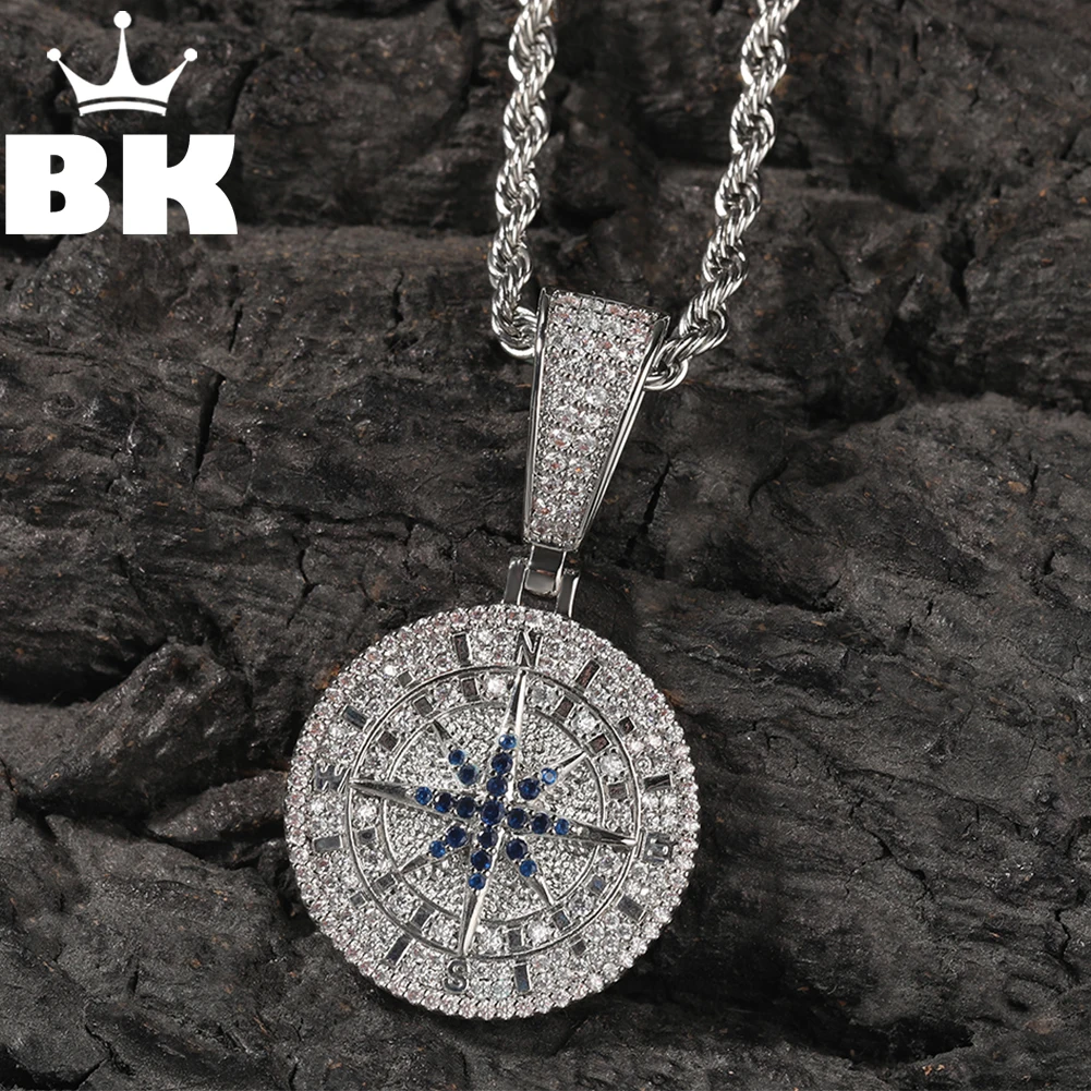 THE BLING KING White Gold Color Compass Pendant Necklace For Women Men Iced Blue CZ 2.4cm Round Anniversary Gift Hip Hop Jewelry