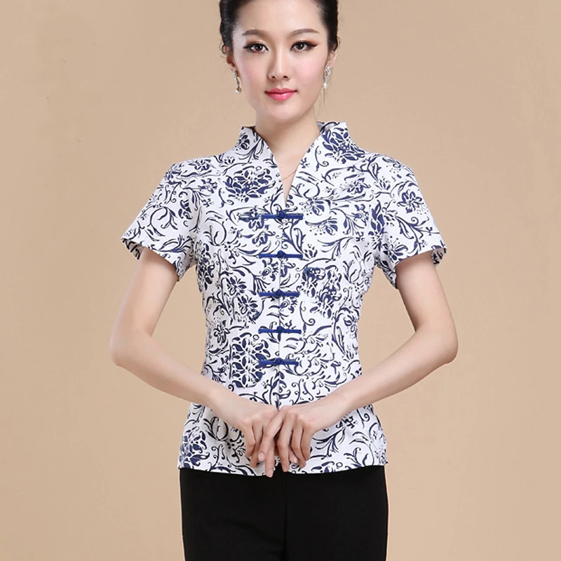 Cheongsam-Tops de cuello alto para mujer, camisas de estilo chino tradicional, Hanfu, Qipao, estampado Vintage, abrigo Tang con botones, talla grande 5XL