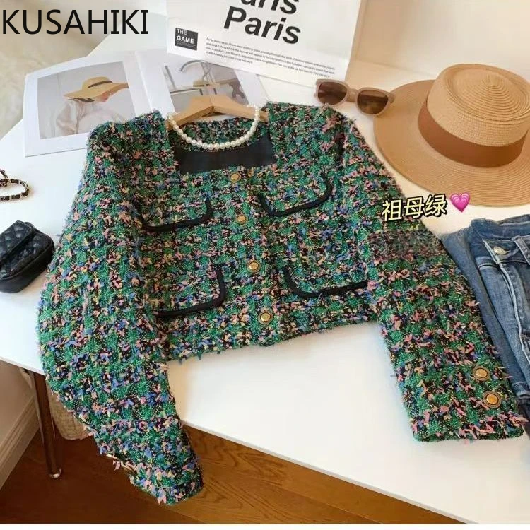 KUSAHIKI Green Elegant Korean Woolen Coat Women\'s Autumn New Square Neck Metal Buckle Short Woven Tweed Cardigan Top