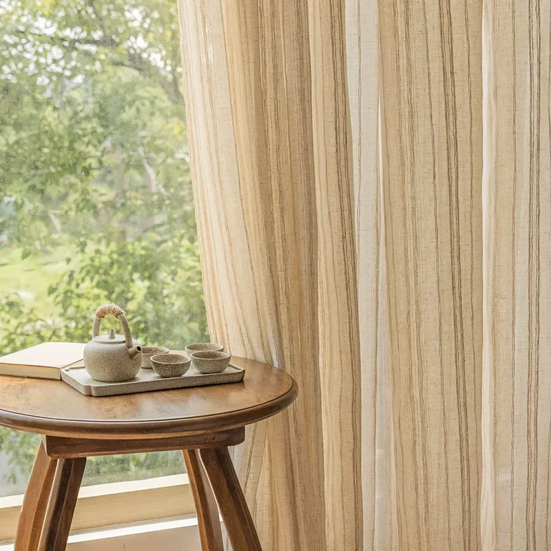 Japanese Wabi Sabi Striped Linen Curtains for Living Room Dining Room Transparent Thermal Insulation Vintage Window Curtains