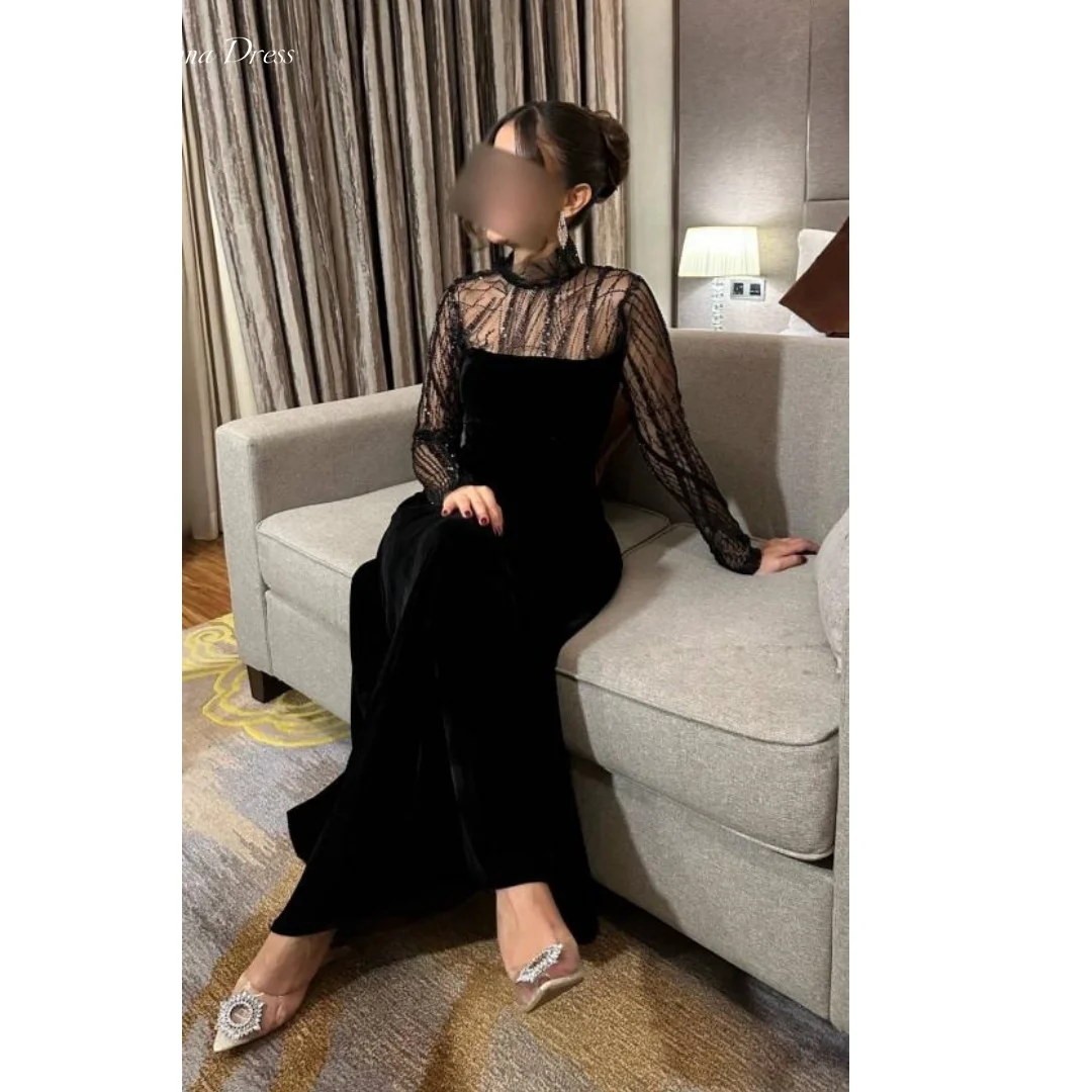 

Anna Custom Made Prom Dresses for Special Occasions Women Evening Dress Long Sleeves Black Round Neck Sequin Embroidery Formal