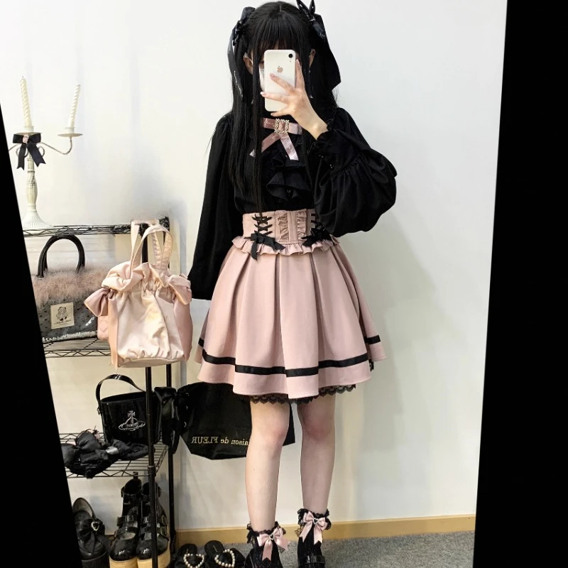 Japanese Lolita High Waist Bow Bandage Double-Layer Lace Mine Series Ball Gown Mini Skirt Have 3 Colors To Choose Women Clothing