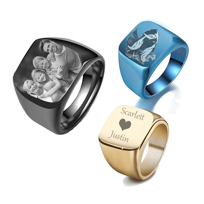 Stainless Steel Jewelry anillos Rings for Man Woman Custom Text Photo Logo Laser Engraved Portrait Black Silver Color Ring Gift view 5