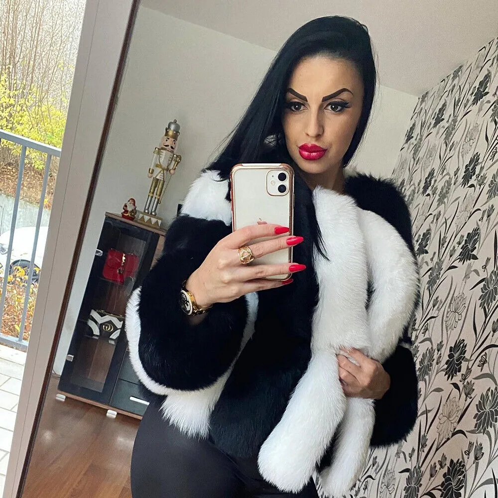 Women Hot Real Fox Fur White And Black Mix Color Coat Natural Fur Jacket Outwear thickened warmth fluffy genuine fur coats