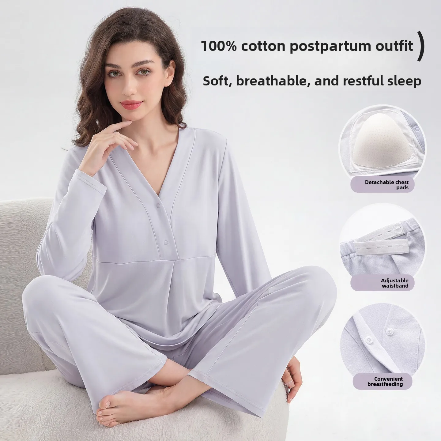 pure-cotton-maternity-nightgown-breastfeeding-sleepwear-sweat-absorbent-breathable-comfortable-home-clothes-set-v-neck-long-s