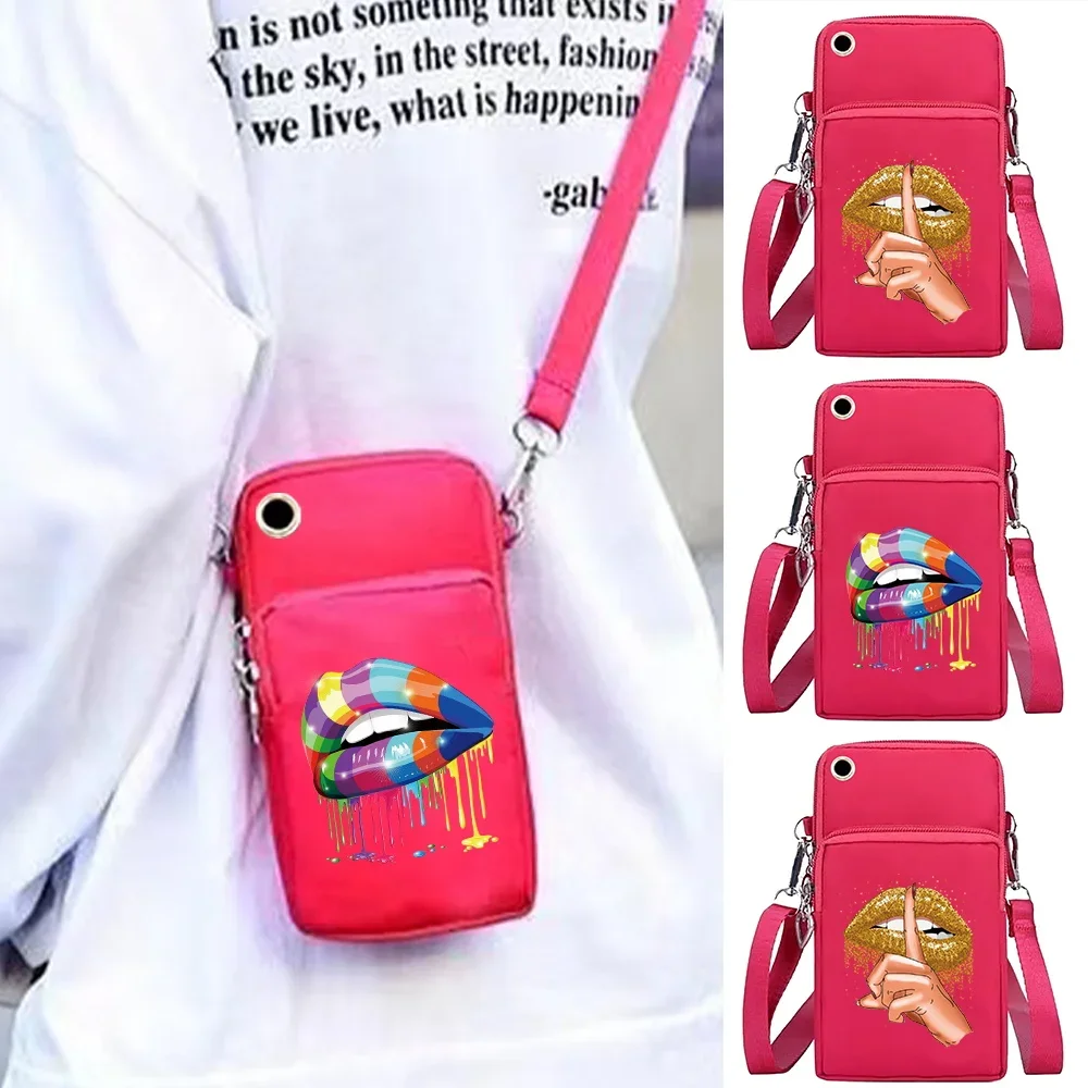 Mobile Phone Bag Wallets Women Shoulder Crossbody Bags Mouth Print Arm Pack for Apple/Huawei/Xiaomi Cell Phone Packet Organizer