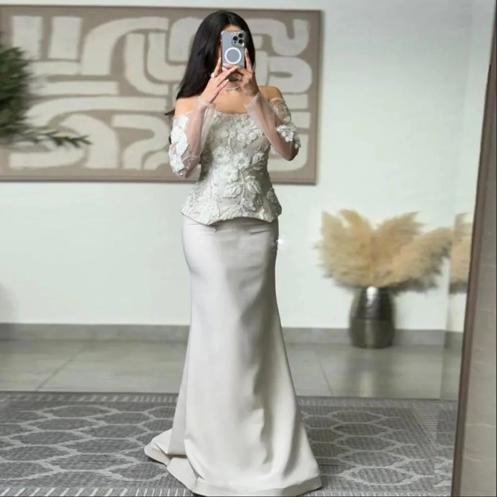 

Индивидуальное кружевное вечернее платье с цветочным принтом для свадебного гостя с открытыми плечами и длинными рукавами, торжественное платье из бисера, атласное платье русалки, платья de noche