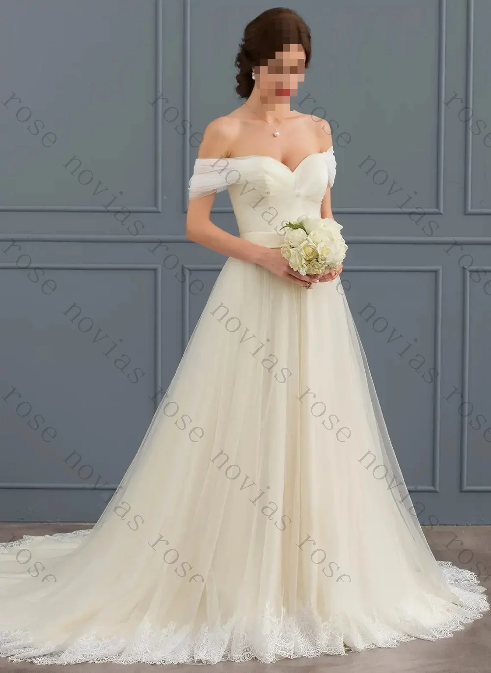Customized Off Shoulder Butterfly Waist Lace Hem Wedding Dress Sweetheart Neckline A-line Sheer Bridal Gown Suitable for Beach