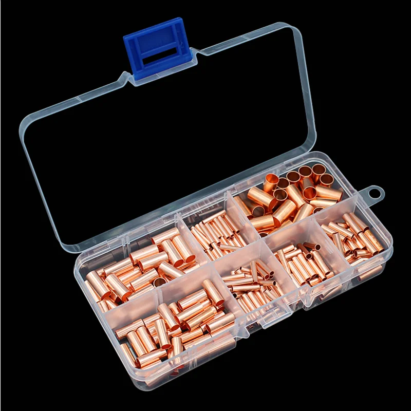 250 Pcs Copper connecting pipe wire joint 7 Sizes small copper tube intermediate joint direct connection pressure cold pressed