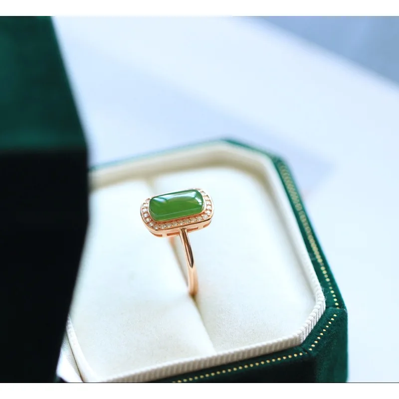 Jasper S925 Sterling Silver Open Ring Hetian Jade And Square Inlay With Surrounding Diamonds