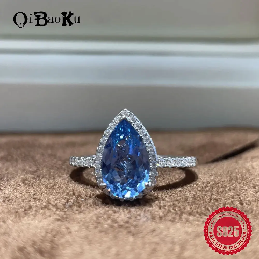 

S925 Sterling Silver Moissanite Water Drop Ring 3-carat Artificial Sea Blue Spinel Jewelry Ring Sparkling Luxury Jewelry Wedding