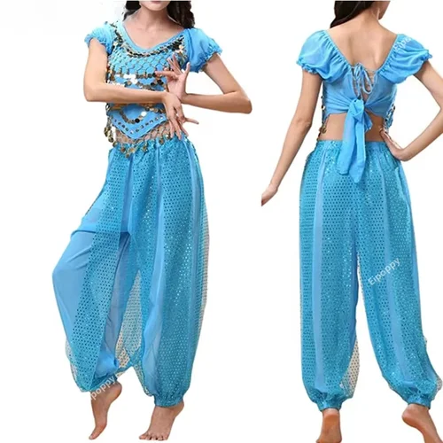 Imagen 1 del producto Conjunto de traje de danza del vientre para mujer, Tops de lentejuelas con pantalones Harem, Top corto, pantalones Harem, traje de baile árabe de Halloween